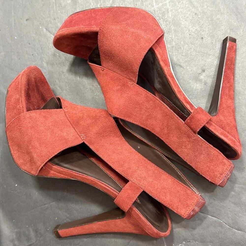 DVF Platform Sandals 7.5 Zia Suede Crisscross Coral Red Diane von Furstenberg